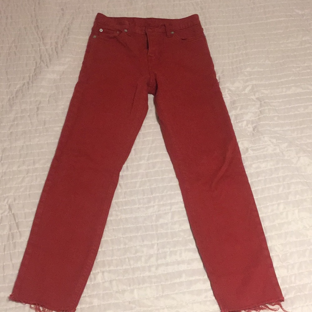 Red high waisted skinny jeans